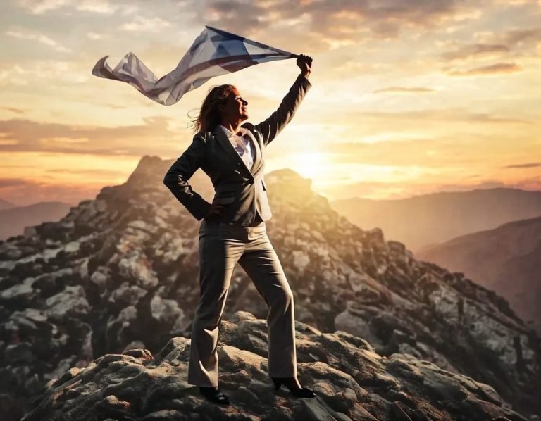 Voller Stolz das Ziel erreicht Eine Business-Frau steht bei Sonnenuntergang in Siegerpose auf einem Berggipfel und hält stolz eine Flagge in der Hand.